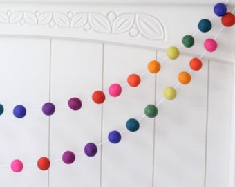 Birthday Garland- Rainbow Celebration- Colorful Felt Ball Garland- Pom Pom Garland- Gender Neutral Baby Shower decor- Nursery bunting