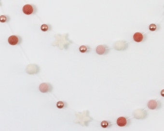 Rose Gold Pink & Coral Star Garland- Blush Ivory Coral and Rose Gold Felt Ball Garland with Wool Stars- Girl Nursery Decor- Nursery bunting