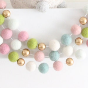 Pastel Spring Garland- Felt Ball Garland- Pink Nursery Decor- Gold Accent- Easter Decor- Spring mantle garland- Felt Ball Bunting