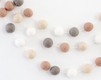 Pom Pom Nursery Garland- Cream Beige White Gray "Cotton & Flax" Wool Felt Ball Garland- Nuetral Wall Accent- Mantel Decor- Nursery Garland