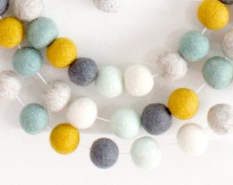 Tranquil Mint Pom pom garland, felt ball bunting, felt balls, mint, mustard, gray, white, boy nursery decor