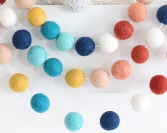 Southwestern Sky- Felt Ball Garland- Adventure nursery- boy nursery decor- coral aqua mustard navy- Nomad nursery- southwestern decor