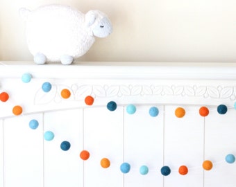 Felt Ball Garland- Goldfish Garland-Teal Orange Blue- Wool Felt Ball Pom Pom Garland- Goldfish Bowl- Boy nursery Decor- felt decoration