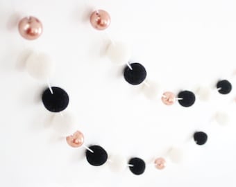 Halloween Rose Gold and Monochrome Felt Ball Garland- Black & White- Mantle Decor- Spooky Halloween Garland- Rose Gold Mantle Decoration