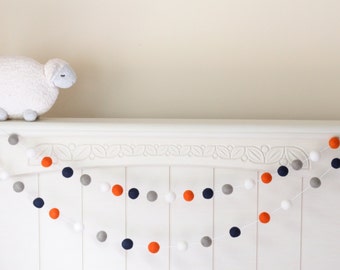 Pom Pom Garland- Wool Felt Ball Bunting- Orange Navy White Gray- Mantel  Decor-Baby Boy Nursery- Birthday Party decoration- Nautical Garland