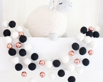 Rose Gold and Monochrome Felt Ball Garland- Black & White Nursery Decor- Rose Gold Decor- Gender Neutral Nursery Garland- Rose Gold Nursery