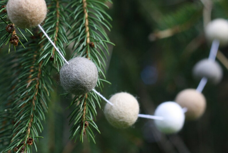 Creamy Dreamy Christmas Garland Felt Ball Garland Cream Beige White Gray Christmas Tree Garland Mantel Decor image 2