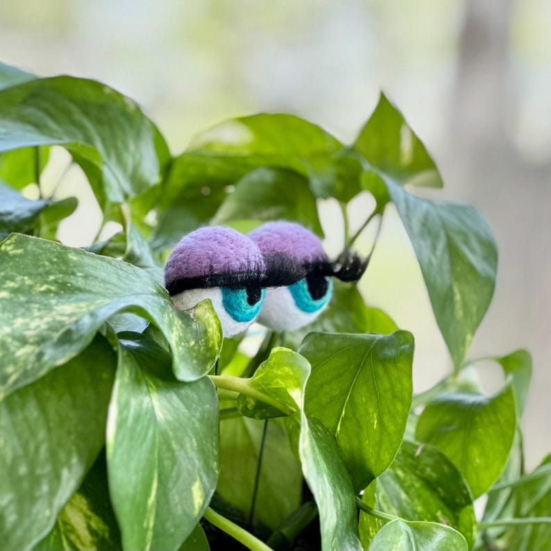 Peut inclure: Deux grands yeux en feutre avec des paupi&egrave;res violettes et des iris bleus qui d&eacute;passent de derri&egrave;re des feuilles vertes.
