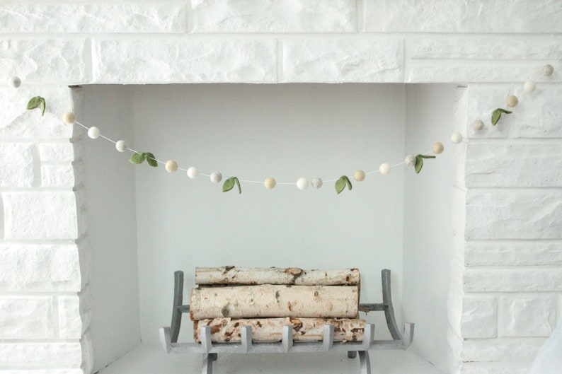 Spring Farmhouse Garland cream, light gray, ivory, & green leaves, spring felt ball garland, farm house decor image 1