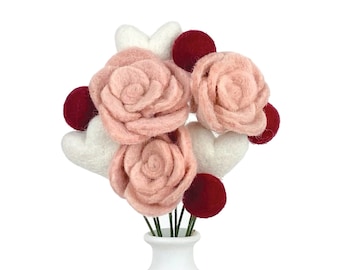 Coming up Roses Valentines Day bouquet- Roses, White hearts, Burgundy felt ball flowers