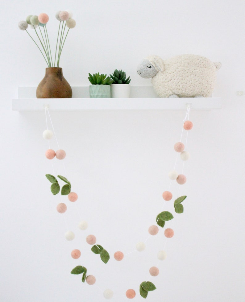 Spring Bloom Garland apricot, blush, ivory, & green leaves, spring felt ball garland, Easter decorations, Spring decor image 4