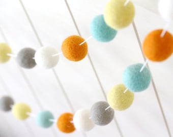 Pom Pom Nursery Garland- Boy or Girl Nursery Garland- Bright Sunshiny Day- Blue Yellow Orange Gray- Felt Ball Garland- Nursery bunting