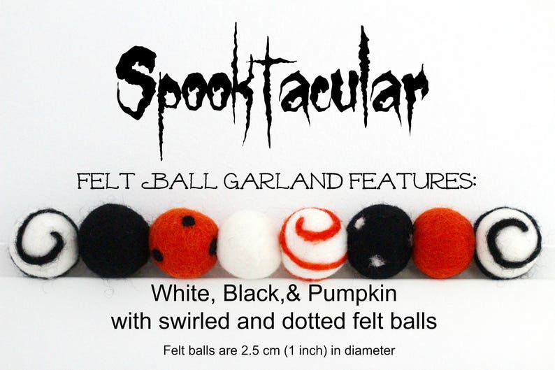Halloween Spooktacular Pom Pom Garland Halloween Felt Ball Garland Orange Black White swirls and dots wool felt ball Fall Garland