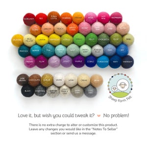 May include: A chart of 48 felt balls in various colors, arranged in rows. The felt balls are labeled with color names, such as "Burgundy", "Red", "Terra-Cotta", "Orange", "Pumpkin", "Rose", "Hot Pink", "Raspberry", "Coral", "Apricot", "Peach", "Bright Coral", "Peony", "Baby Pink", "Pink", "Blush", "Mustard", "Pale Yellow", "Lemon", "Marigold", "Citrus", "Spring", "Kelly", "Evergreen", "Olive", "Sage", "Peacock", "Marine", "Teal", "Robins Egg", "Mint", "Pastel Mint", "Powder Blue", "Rain", "Sky", "Orchid", "Plum", "Lilac", "Violet", "Purple", "Cobalt", "Turquoise", "Navy", "Midnight", "Dark Brown", "Chocolate", "Burlap", "White", "Ivory", "Cream", "Beige", "Black", "Charcoal", "Heather Gray", "Light Pebble Gray", "Warm Gray", "Cool Gray". The chart is surrounded by a white background. Below the chart is a logo that says "Sheep Farm Felt".