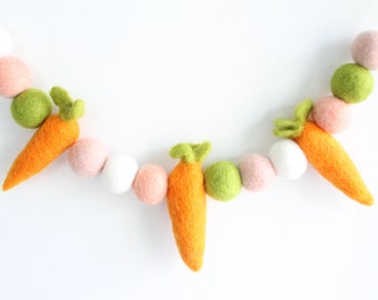 Carrot & Felt Ball Garland- Green, Apricot, Blush, White- Easter garland