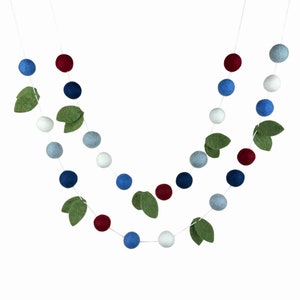 Patriotic Garden- Burgundy, Sky, Navy, Powder Blue, and Ivory Felt Ball Garland with Leaves- 4th of July, Memorial Day decor