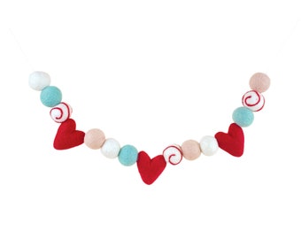 Aqua Valentine Felt Ball Garland-  Valentine's Day Garland - Felt Heart Garland- Valentines Day Decor- Heart banner