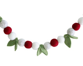 Comfort and Joy- Burgundy, Ivory, & Light Gray Felt balls with green leaves- Christmas garland decor