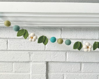 Cool Spring Flora | Felt Ball, Daisy & Leaf Garland by Sheep Farm Felt