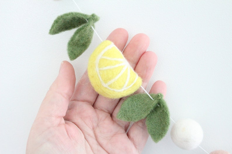 Lemon Garland-featuring felt leaves, lemons, and blush and white felt balls image 4