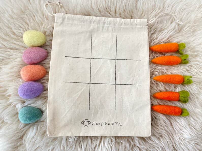 Sheep Farm Felt Tic Tac Toe Easter Gift Comes with a handprinted muslin bag with five carrots and 5 eggs image 3