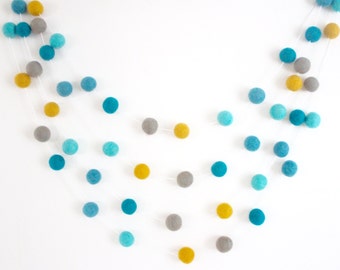 Felt Ball Garland- Blue Teal Mustard Aqua Garland- Mellow Yellow Accent- Pom Pom Garland- Wall Decoration- Boy Nursery Decor