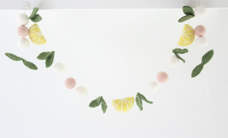 Lemon Garland-featuring felt leaves, lemons, and blush and white felt balls image 7
