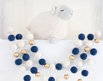 Navy and Gold Garland- Navy Nursery Decor- Navy Felt Ball Garland- Boy Nursery Decor- Count the Stars Felt Ball Garland- Nautical Nursery