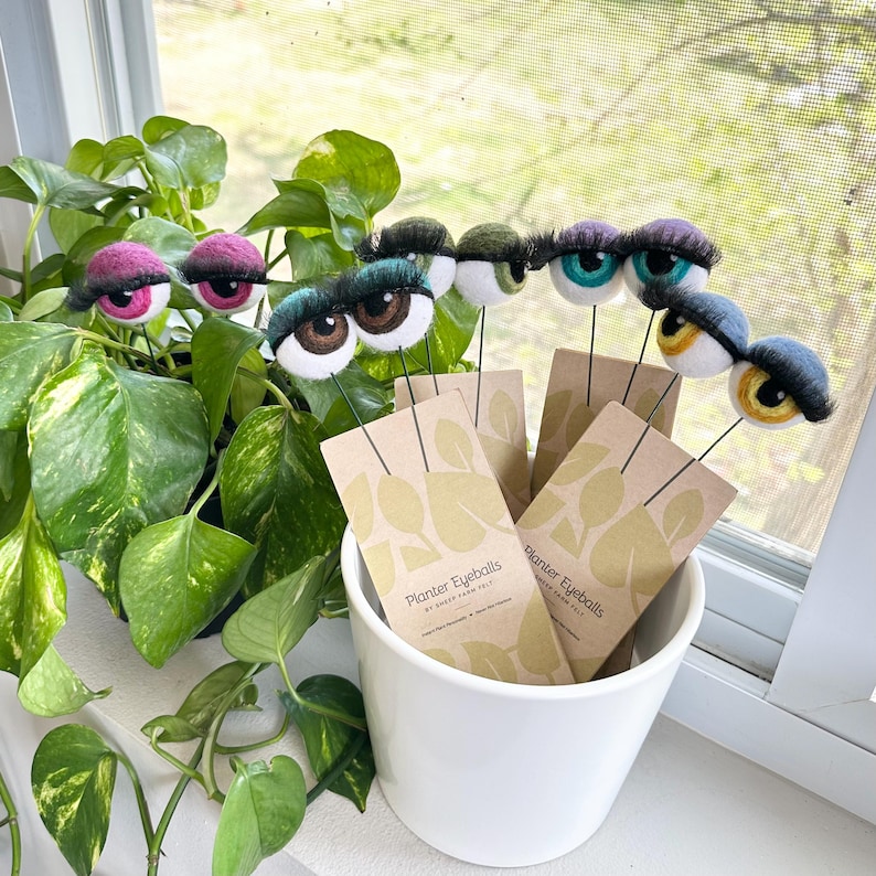 Peut inclure: Cinq piquets de plantes en forme d'yeux en feutre avec des cils et des pupilles de diff&eacute;rentes couleurs. Les piquets sont dans un pot blanc avec une &eacute;tiquette en papier brun qui indique "Planter Eyeballs".