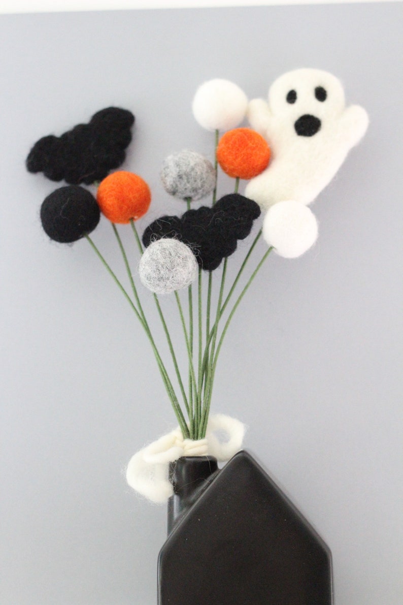 Halloween Pumpkin Felt Ball Flower bouquet Ghost and Bats with dark orange, black, heather gray, and white choose 10 or 20 stems image 1