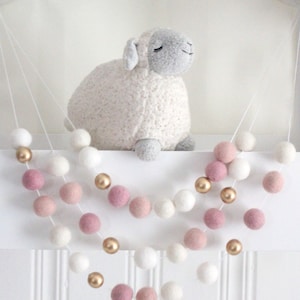 Pink and Gold Felt Ball Garland- Pink Nursery Decor- Gold Accent- Girl Nursery Garland- Pink & Gold Nursery Decor- Felt Balls Wood Balls