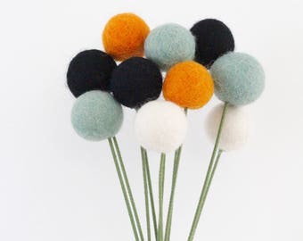 Orange Black White Mint Felt Pom Pom Flowers- Billy Ball Flowers- Fall flowers bouquet- Flower bouquet- wool pom poms- white yellow