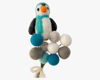Penguin and Felt Ball Bouquet - Blue Gray & White bouquet- choose 10 or 20 stems