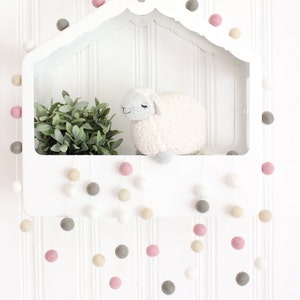 Pom Pom Garland- Pink Felt Ball Garland- Sweet Pea Pink Nursery Decor- Pink Girl Room Decor- First Birthday Party- Pink Nursery Bunting Gray
