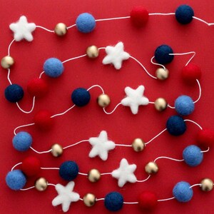 Gold Stars & Stripes Star Garland- Fourth of July Garland- Pom Pom bunting- Summer decor- star garland- Red white and blue gold decor