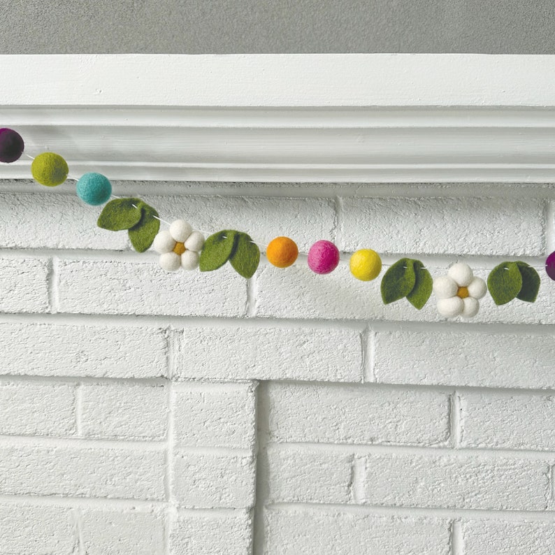 Bright Daisy Felt Ball, Daisy & Leaf Garland by Sheep Farm Felt image 1