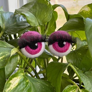 Peut inclure: Deux yeux en feutre rose avec des cils noirs et des pupilles blanches, attach&eacute;s &agrave; des tiges de plantes vertes.