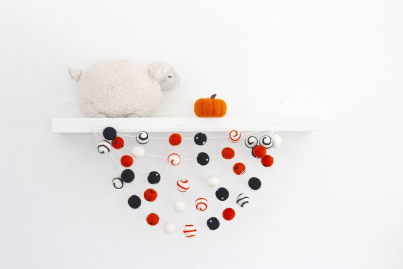 Halloween Spooktacular Pom Pom Garland Halloween Felt Ball Garland Orange Black White swirls and dots wool felt ball Fall Garland