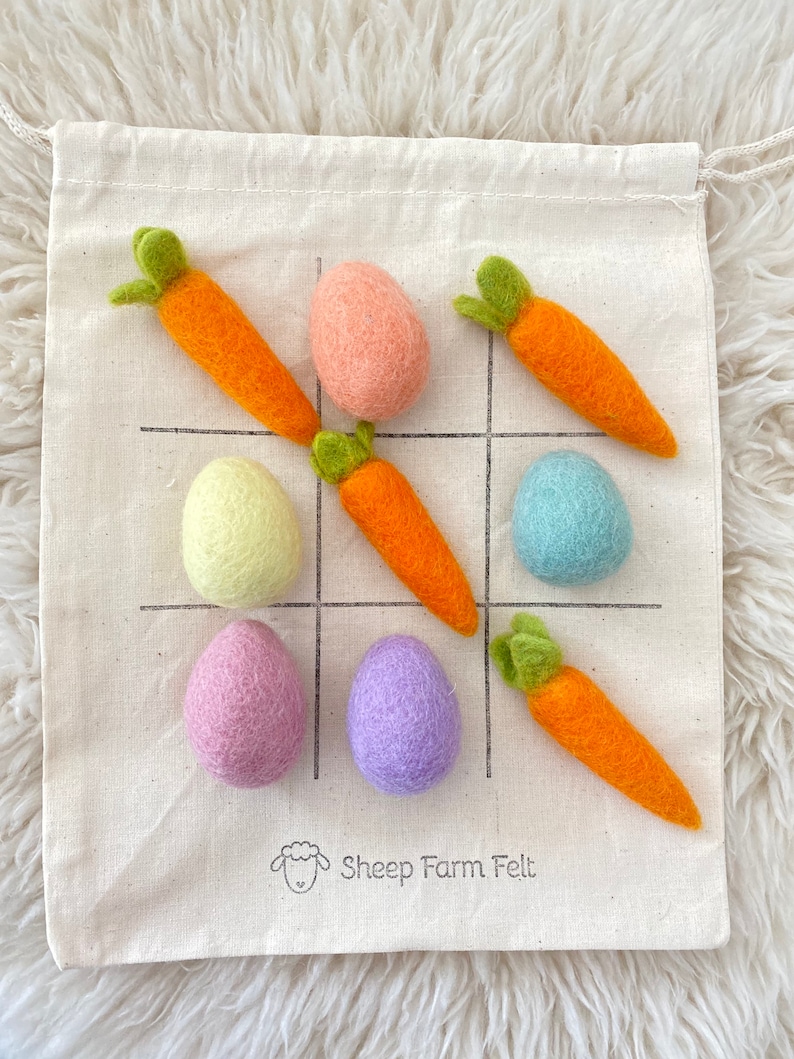 Sheep Farm Felt Tic Tac Toe Easter Gift Comes with a handprinted muslin bag with five carrots and 5 eggs image 1