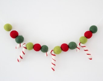 Candy Cane Garland- Red Citrus Evergreen - Felt Candy Canes- Christmas garland- Felt Ball Pom Pom Garland