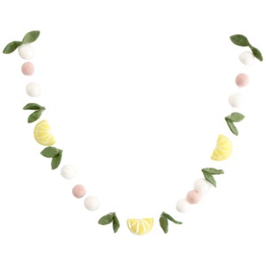 Lemon Garland-featuring felt leaves, lemons, and blush and white felt balls image 1