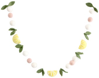 Lemon Garland-featuring felt leaves, lemons, and blush and white felt balls