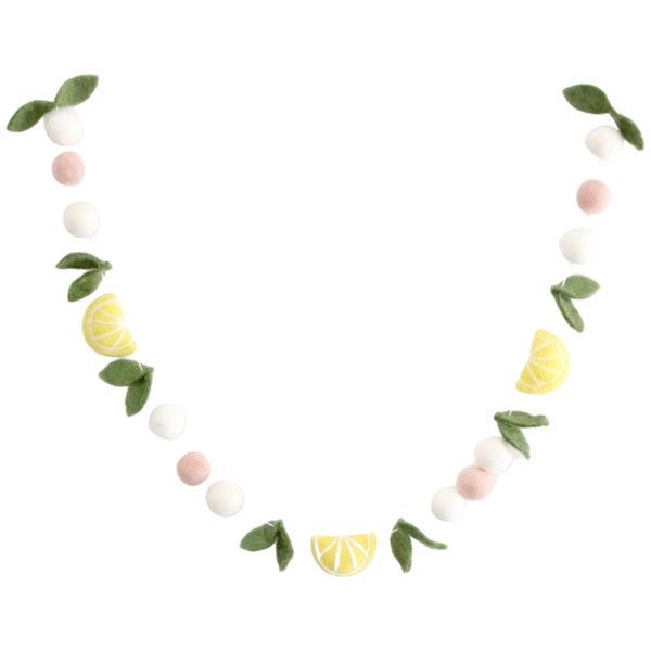 Lemon Garland-featuring felt leaves, lemons, and blush and white felt balls