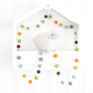 Happy Trails- Pom Pom Garland- Blue Green Orange Yellow Brown Gray Felt Ball Garland- Woodland Nursery Decor- Fall decoration- Woodland boy