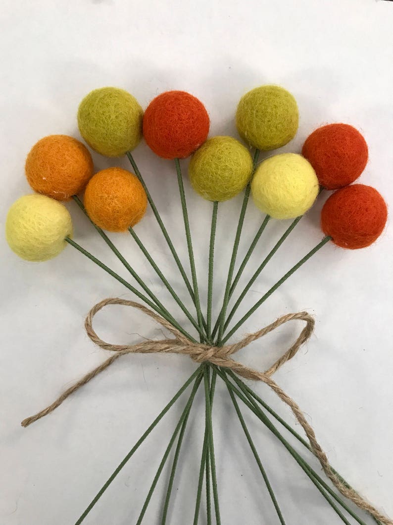 Yellow Orange Felt Pom Pom Flowers Billy Ball Flowers Bridesmaid bouquet Flower bouquet wool pom poms Spring bouquet image 2