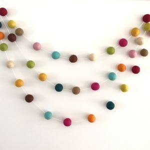 May include: A colorful felt ball garland with a variety of colors, including red, orange, yellow, green, blue, purple, and brown. The garland is strung on a white string and is perfect for adding a touch of whimsy to any room.