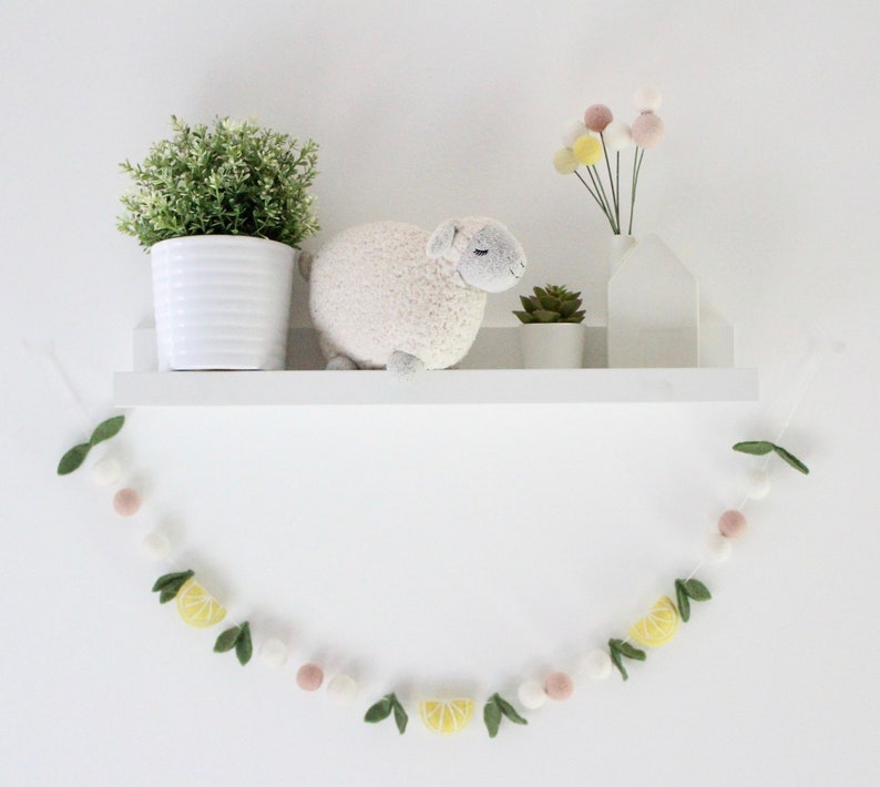 Lemon Garland-featuring felt leaves, lemons, and blush and white felt balls image 9