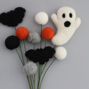 Halloween Pumpkin Felt Ball Flower bouquet Ghost and Bats with dark orange, black, heather gray, and white choose 10 or 20 stems image 2