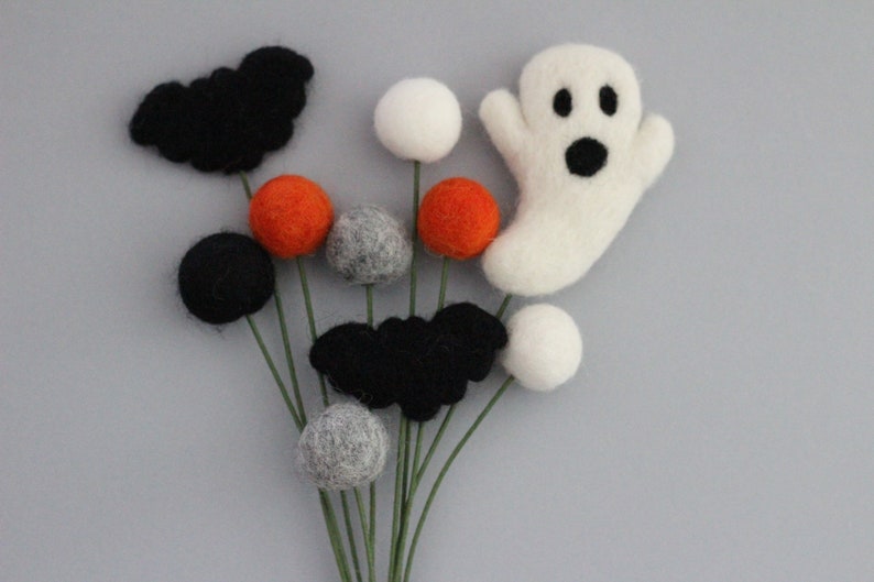 Halloween Pumpkin Felt Ball Flower bouquet Ghost and Bats with dark orange, black, heather gray, and white choose 10 or 20 stems image 2