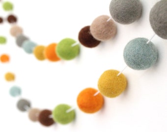 Fall Garland- Felt Ball Garland- Happy Trails- Garland- Wool Pom Pom Garland- Woodland garland- Happy Trails- Mint Gray Yellow Felt Balls